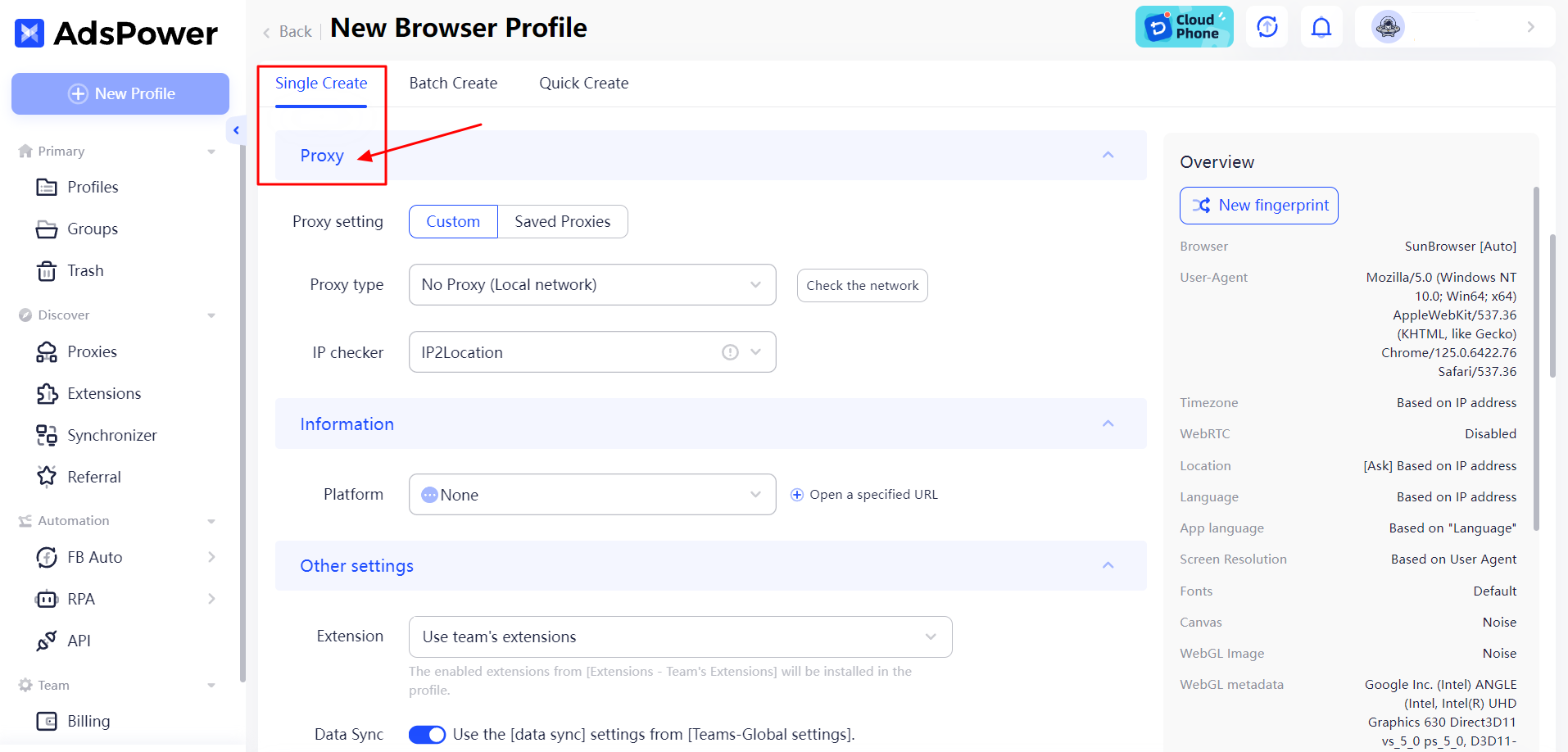 Imagem mostrando configuração de proxy na criação de novo perfil