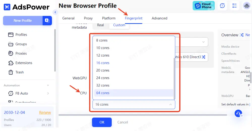 AdsPower expanded CPU options to include 32-core and 64-core CPUs