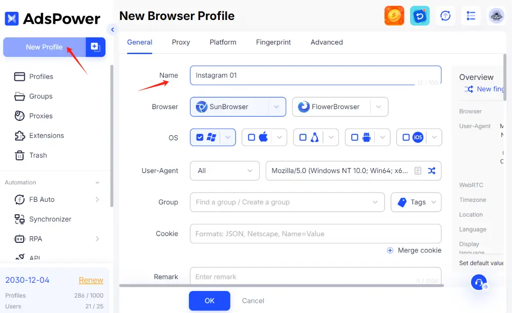 new profile page in AdsPower