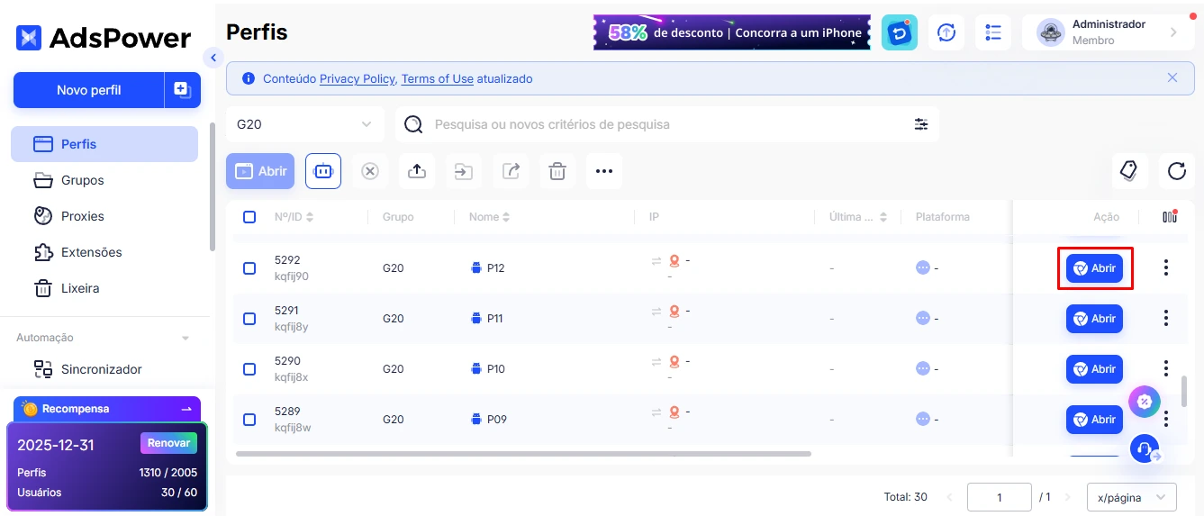Abrir novo perfil do AdsPower