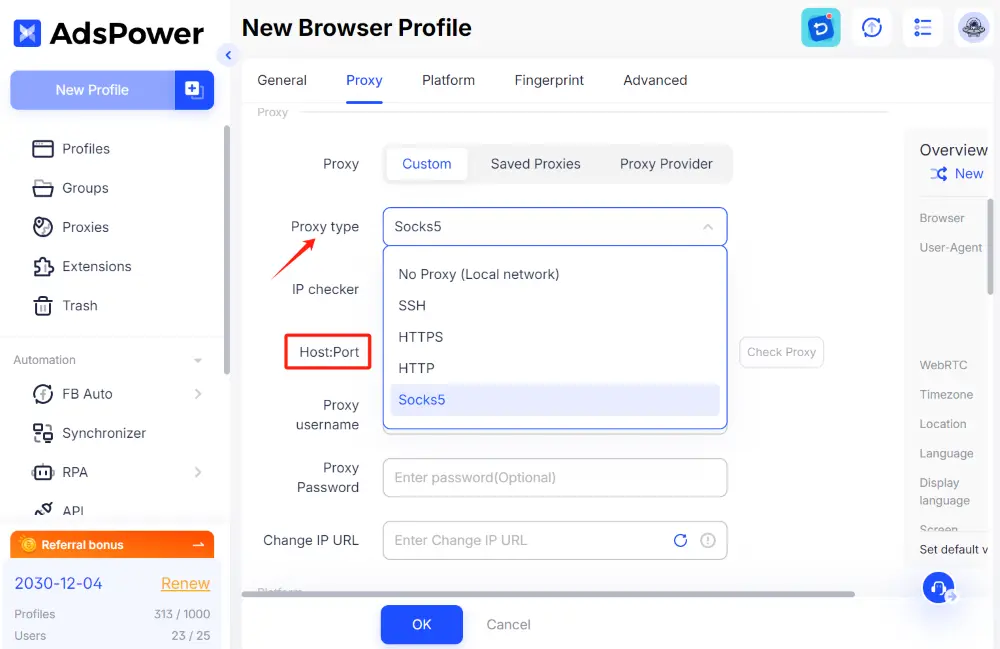 select the proxy type