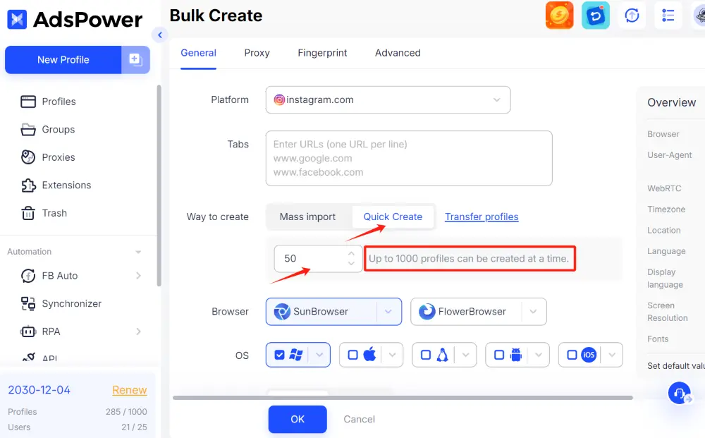 click quick create, choose quantity