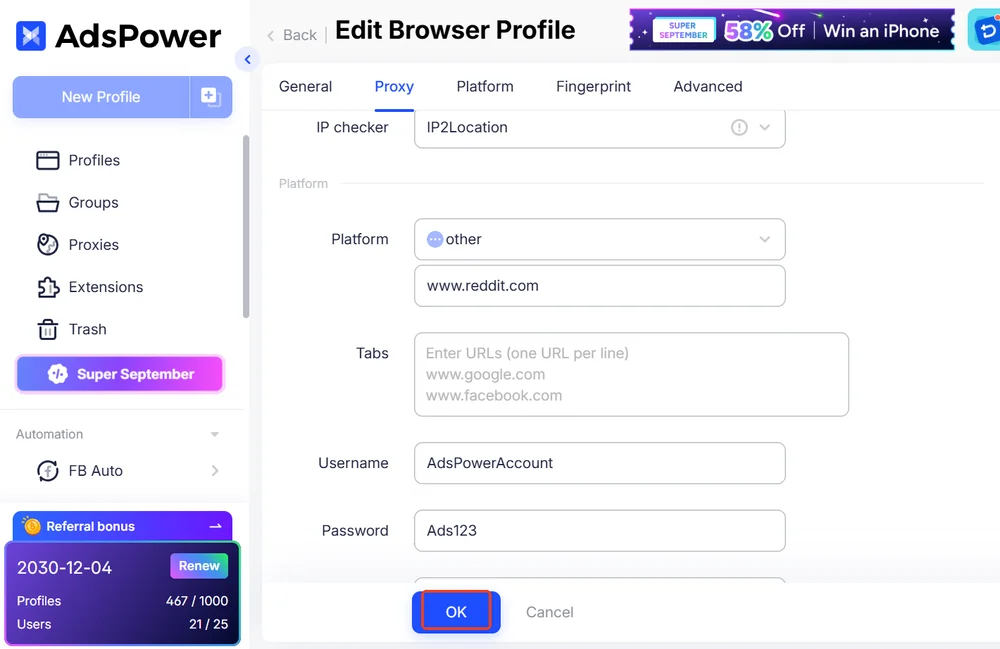 Cick OK to Save Profile