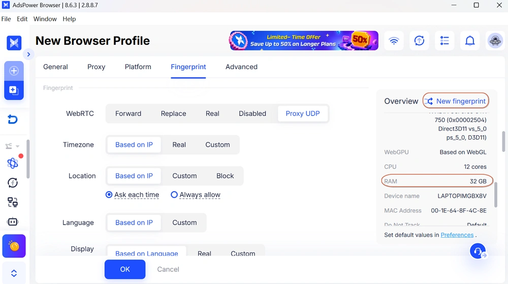 Expanded RAM fingerprint settings in AdsPower