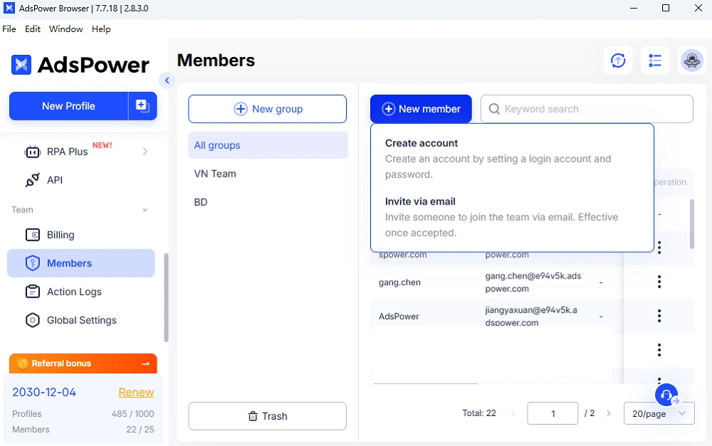 Email invitations for new members