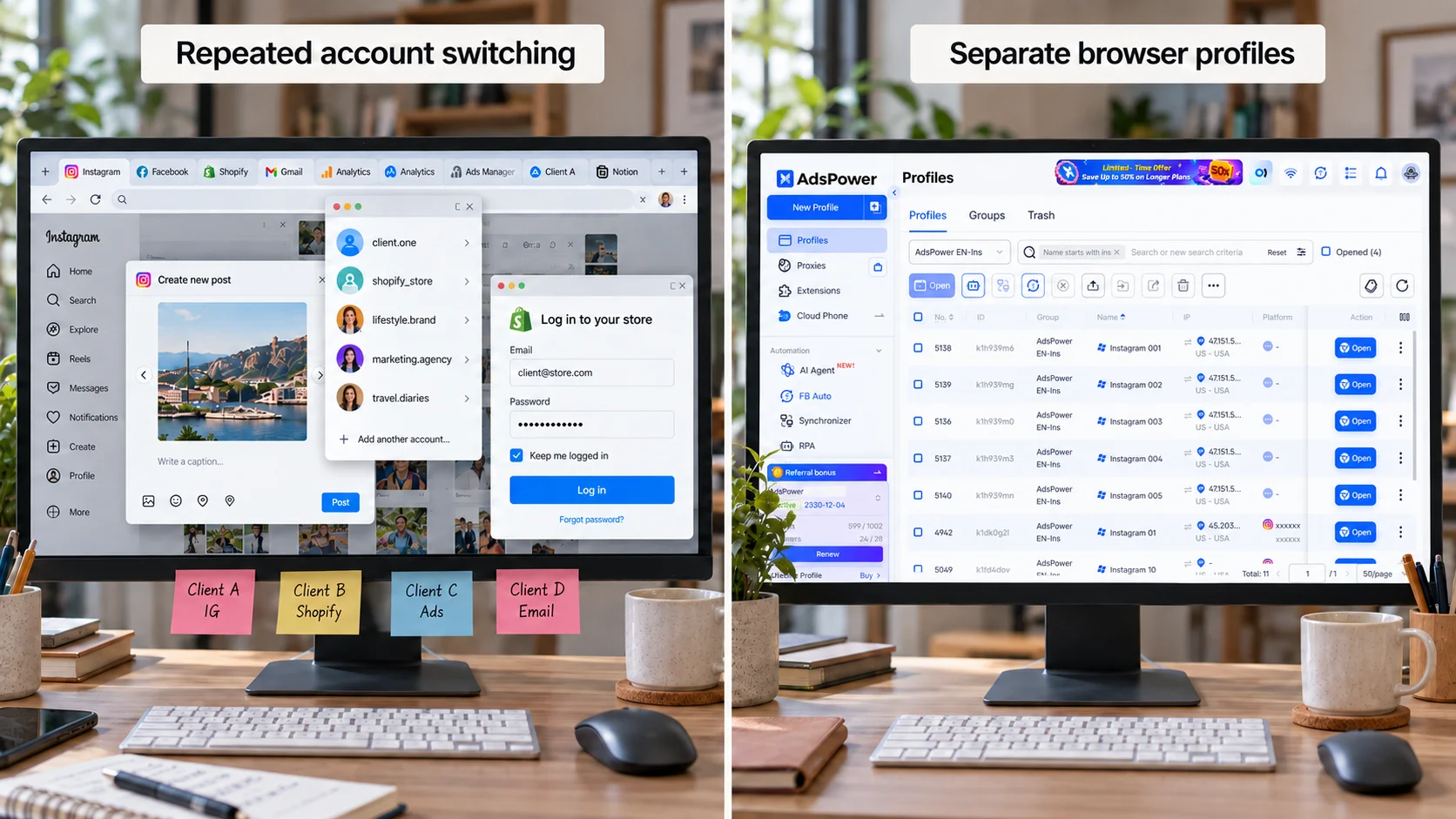 AdsPower dashboard on desktop monitor webp