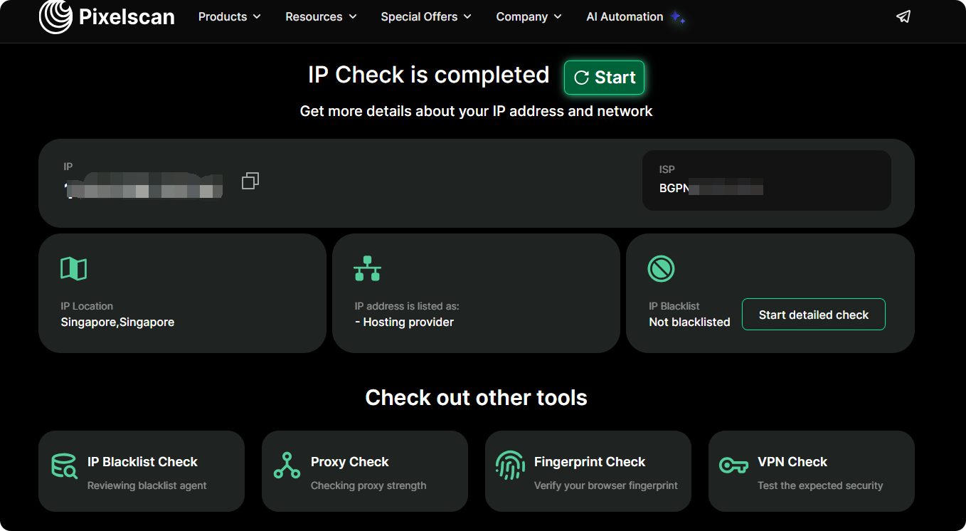Pixelscan 检测结果页:通过IP检测网站验证代理环境的一致性与真实性。