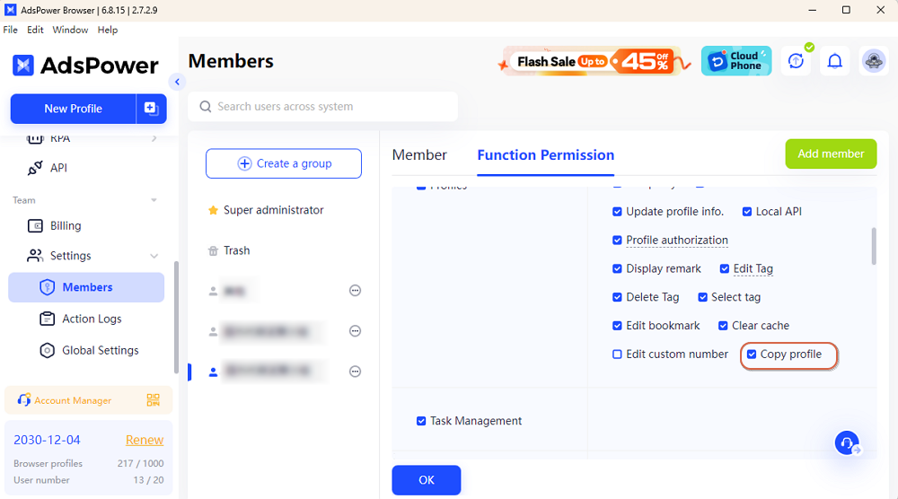 Enable Permission for Team Member