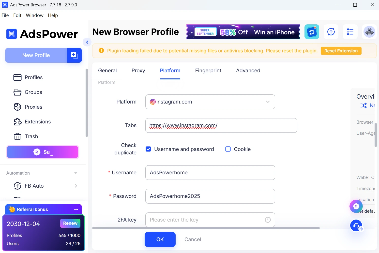 Set the Platform, Tabs and Write Down the Username and Password of your Instagram Account
