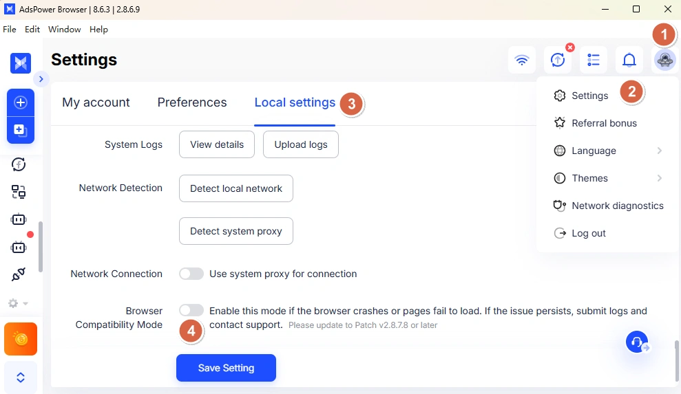 Browser Compatibility Mode in AdsPower local settings