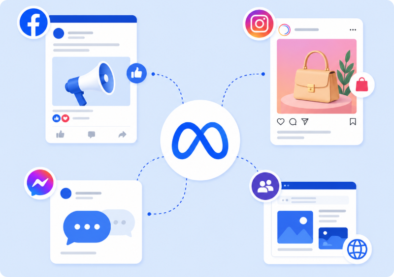 Meta Ads 是 Meta(原 Facebook)推出的官方广告平台,用于帮助企业、品牌、创作者和个人广告主在 Meta 旗下的多个产品中投放广告。