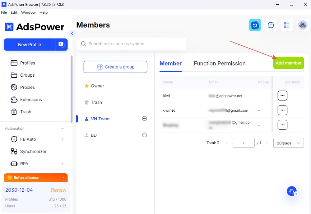 Adspower add member 