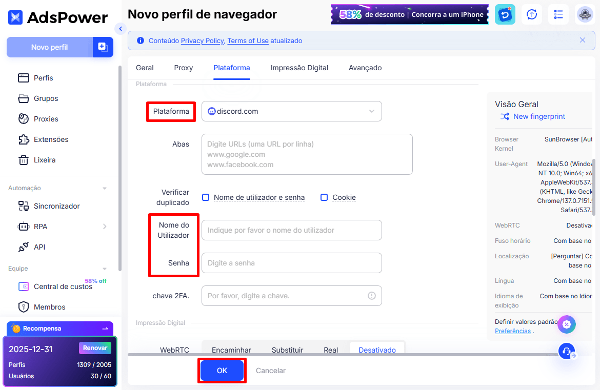 Preencha e salve o perfil