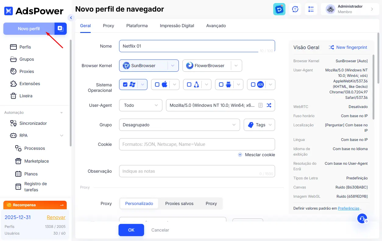 Perfil de Navegador no AdsPower