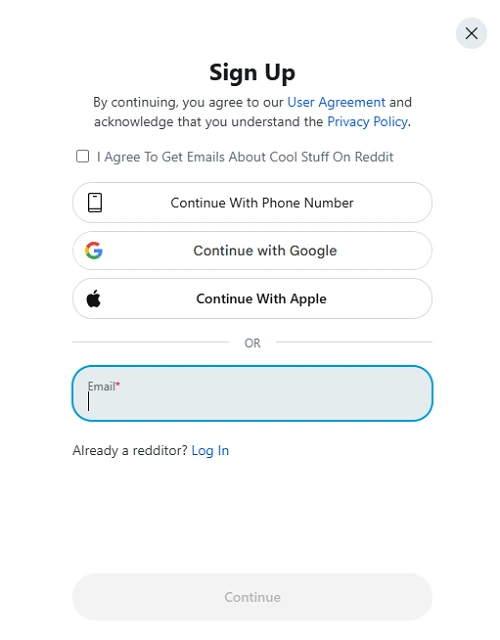 Click Sign Up to Register Reddit