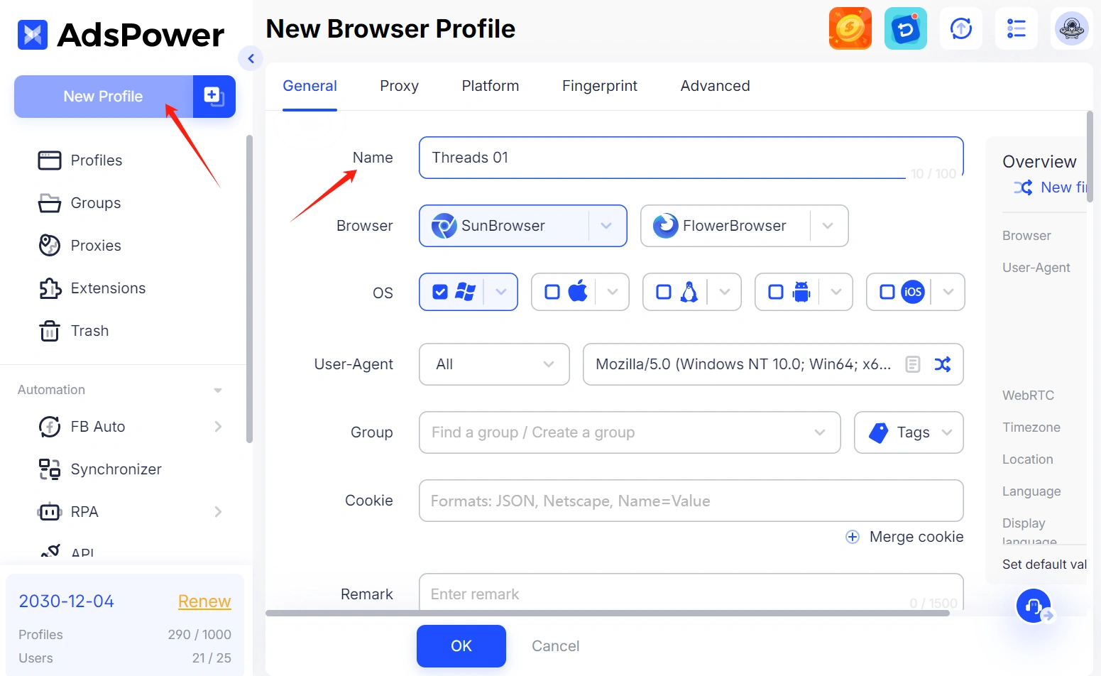 Create a New Profile