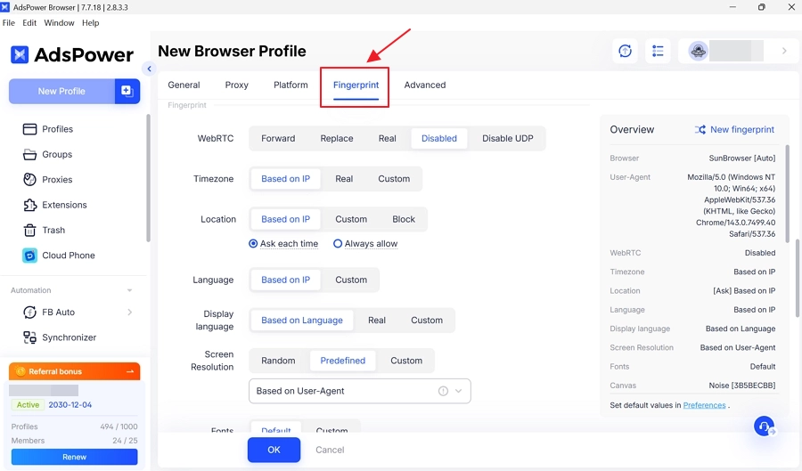 AdsPower fingerprint