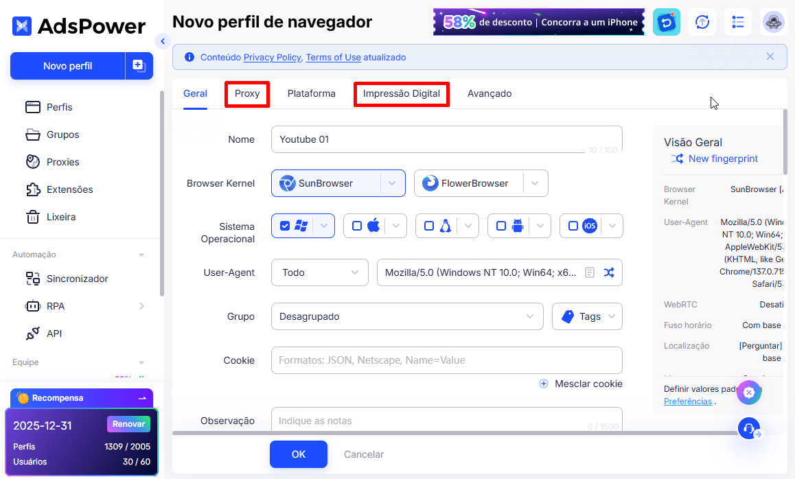 Crie perfis do AdsPower