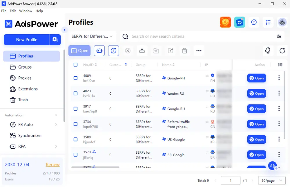 AdsPower browser interface showing multiple search engine profiles