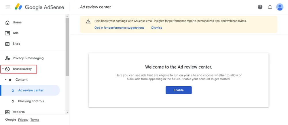 Enable Ad Review Center