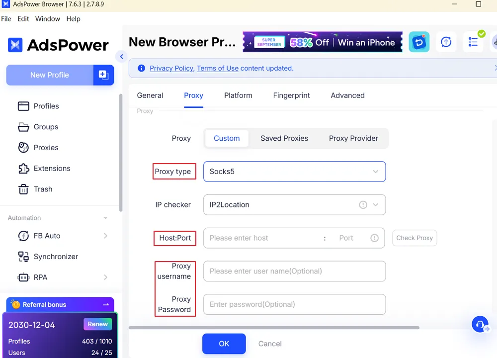 AdsPower Proxy Custom Settings