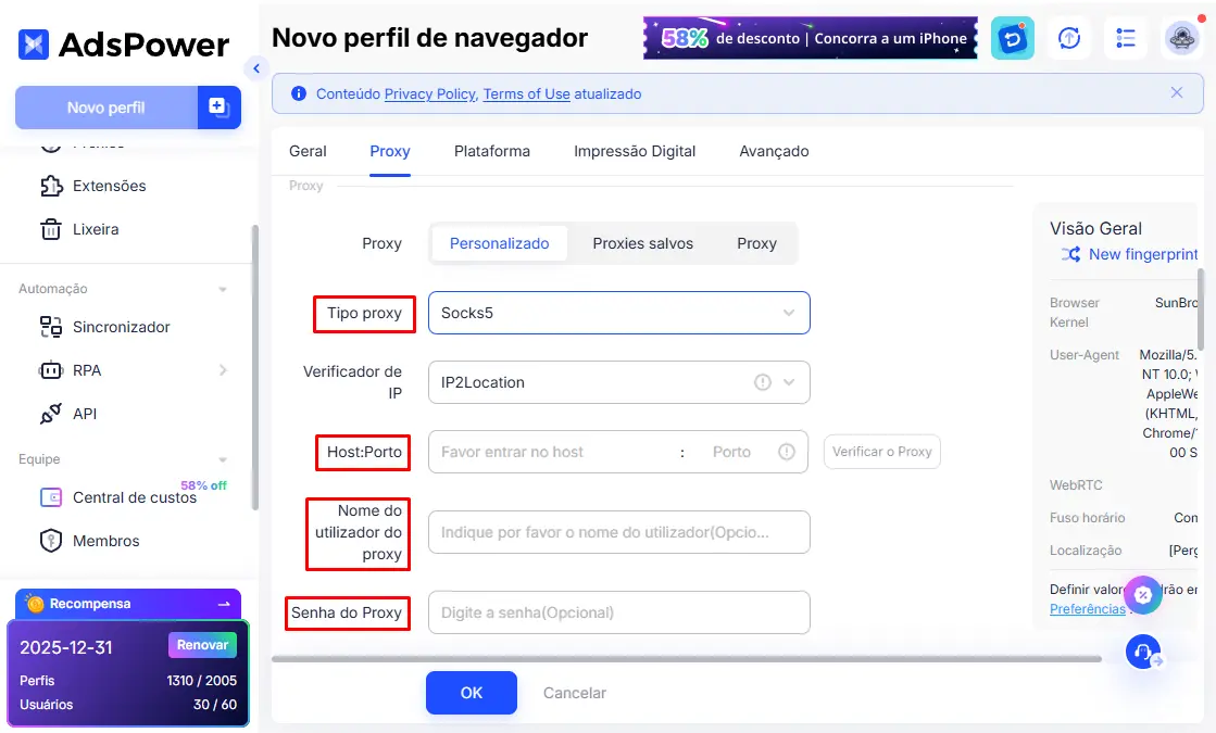 Configurações personalizadas do proxy AdsPower