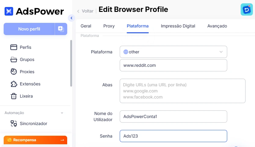 Plataforma de Perfil AdsPower