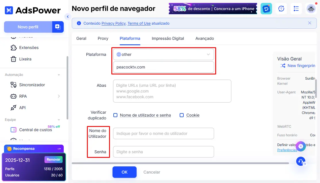 Configurar plataforma no AdsPower