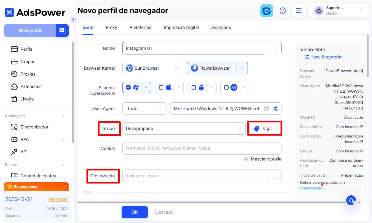 Grupo, Tag e Observação