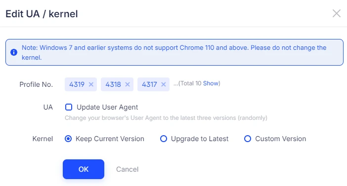 Batch update profile kernel version 
