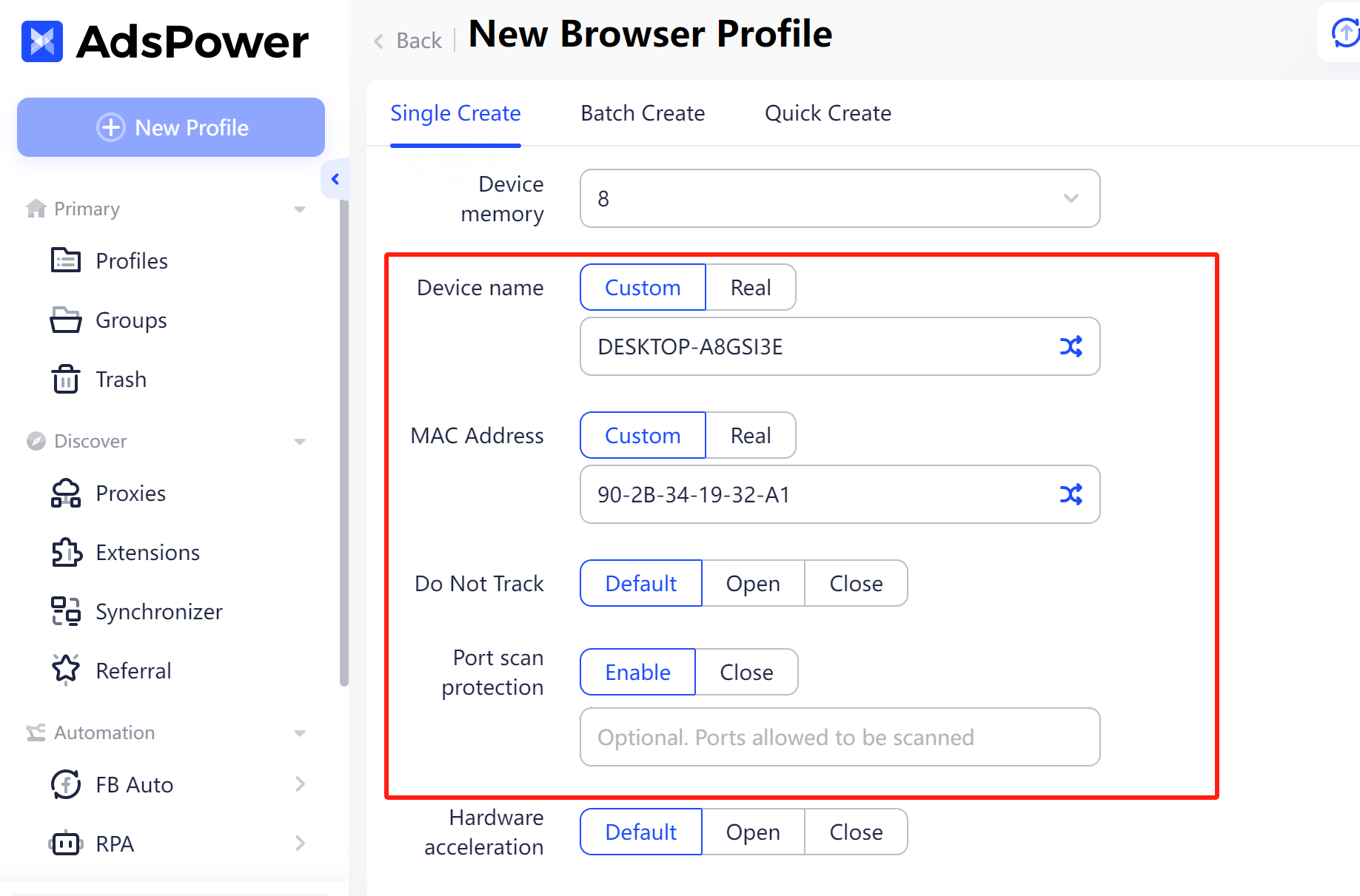 Imagem mostrando configurações de nomes de dispositivos, endereços MAC e proteção contra varredura de portas no AdsPower