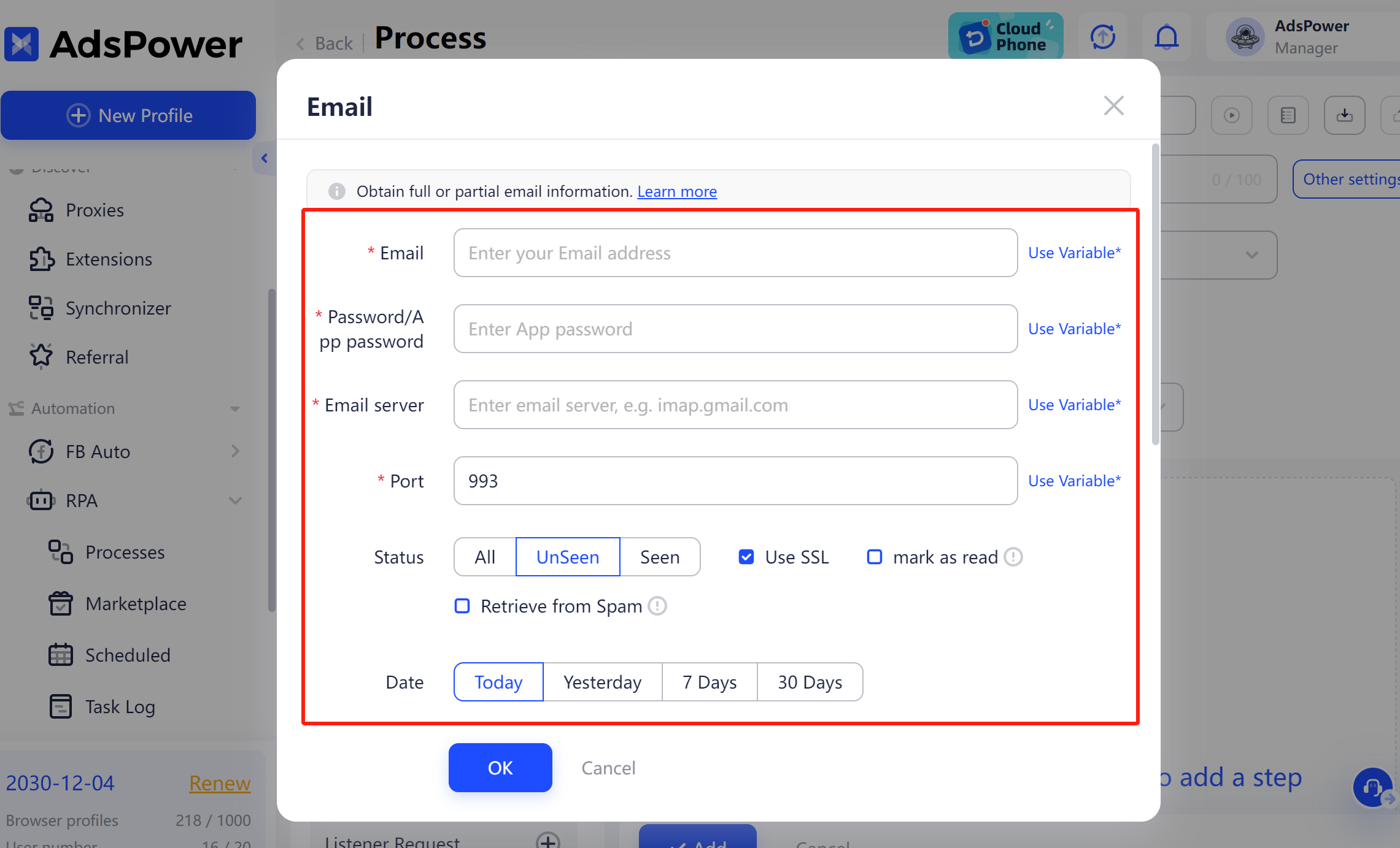 Image showing AdsPower's RPA feature for receiving email