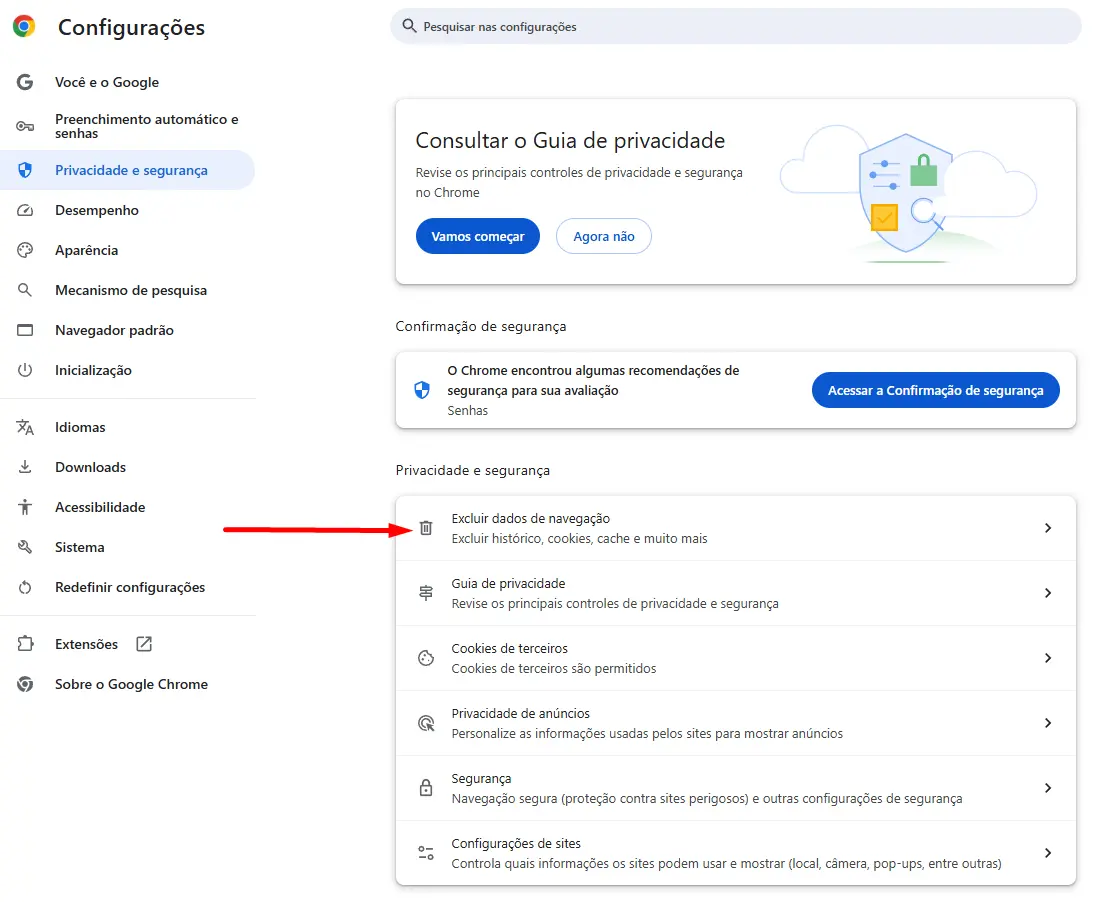 Limpe o Cache e os Cookies do Navegador