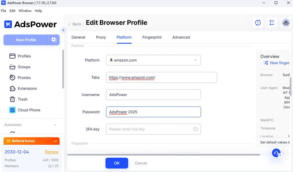 Create New Profile for Amazon