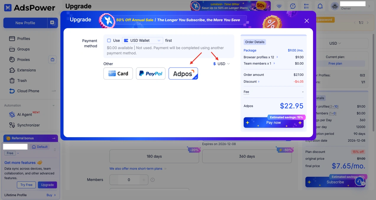 Choose Your AdsPower Plan and Pay with Adpos Wallet