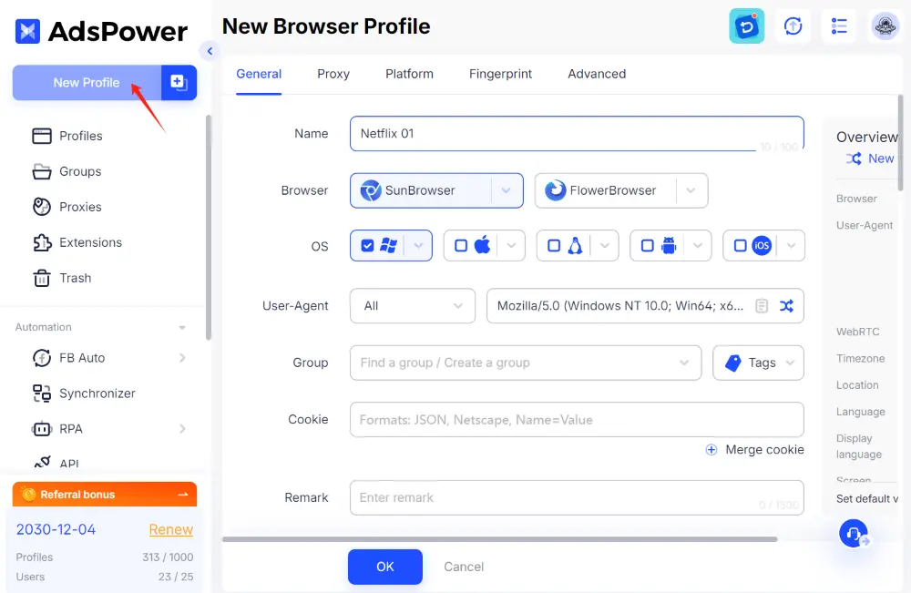 set new profile in AdsPower