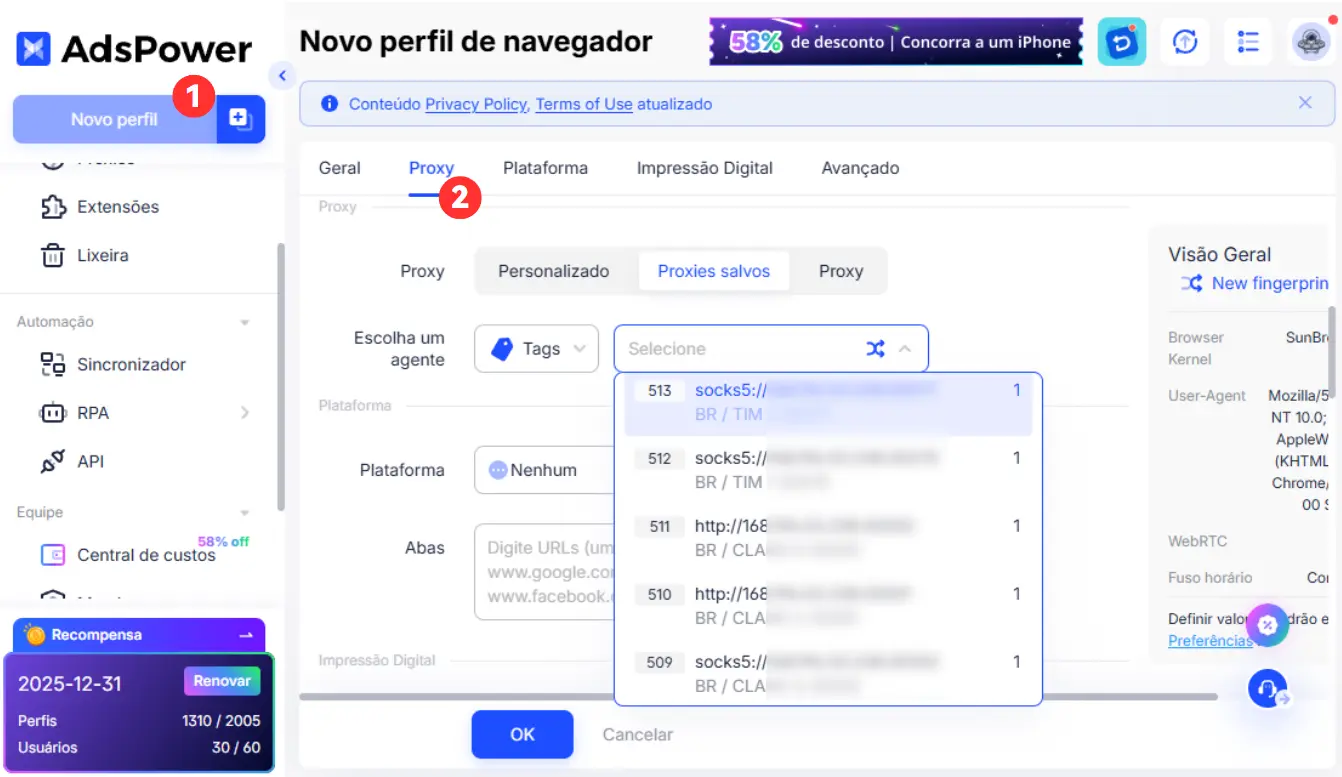 Configurações de proxy salvas do AdsPower