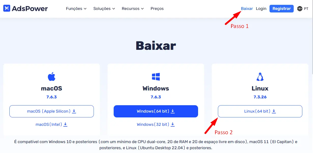 Clique em Baixar e selecione a versão para Linux
