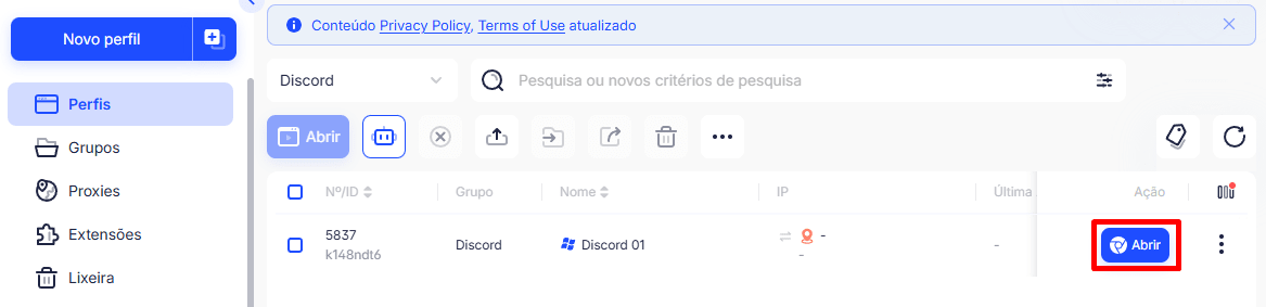 Abra novo perfil
