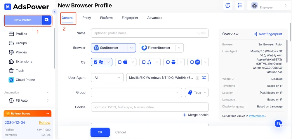 Create profile in AdsPower step 1-2