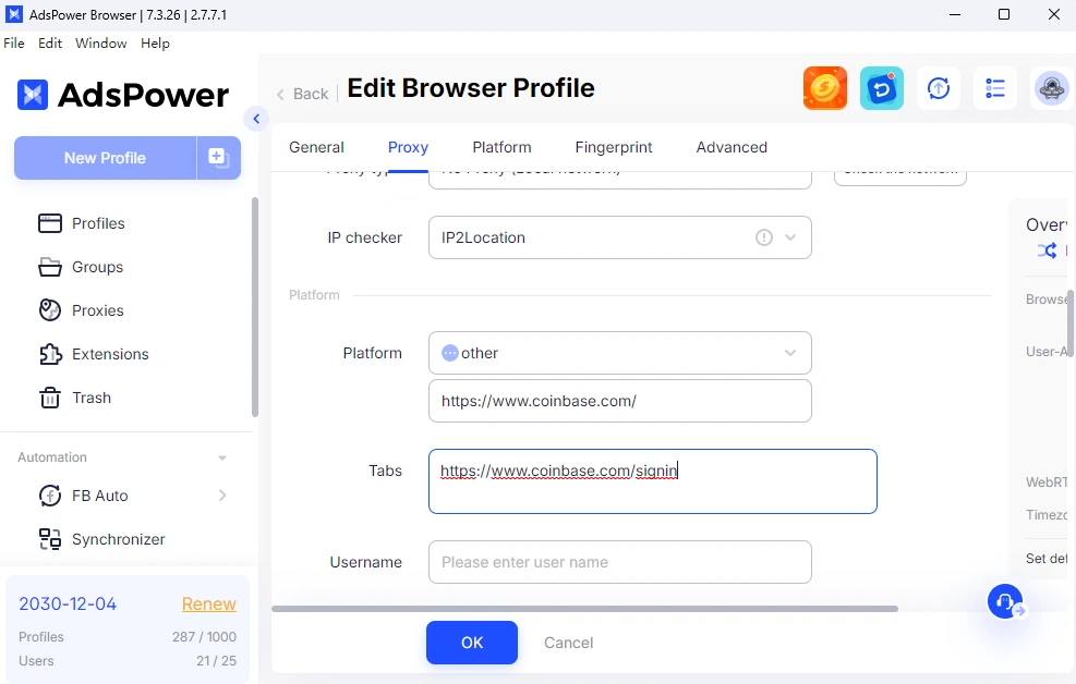 Edit browser profile