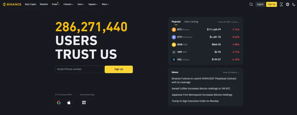 Página Inicial da Binance