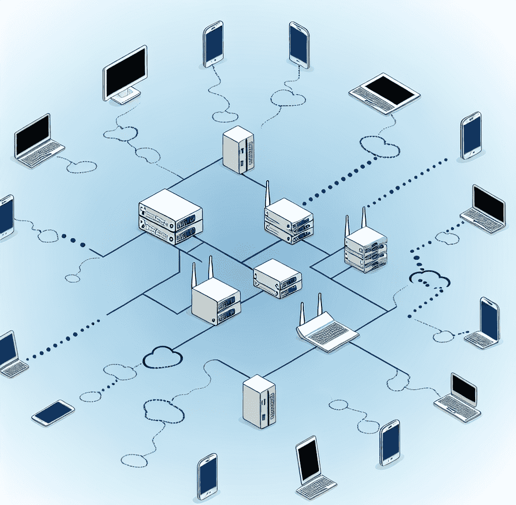 Imagem mostrando vários dispositivos, roteadores e servidores conectados