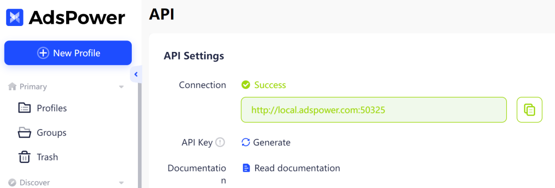 Image showing how to check API in AdsPower