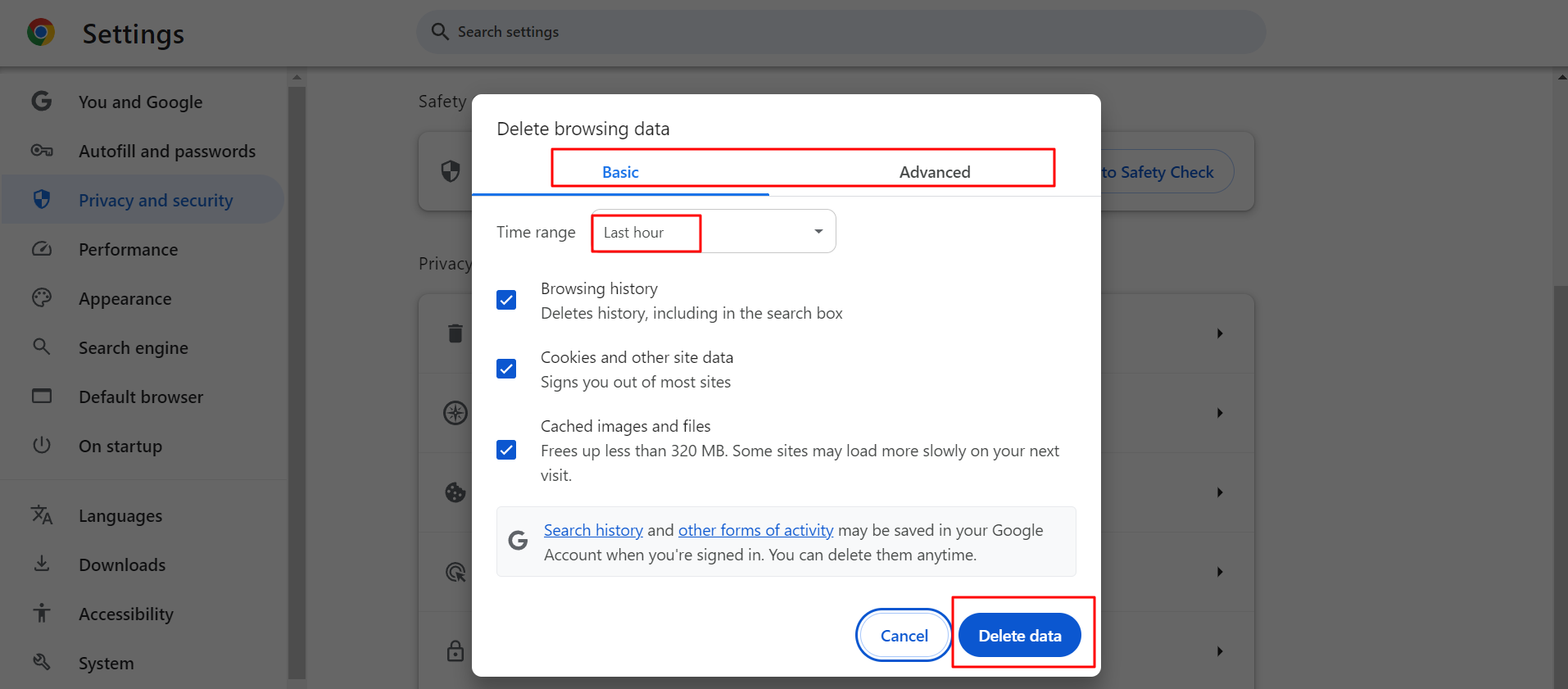 Image showing browsing data deletion options in Google