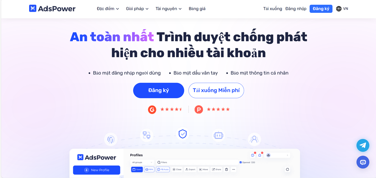 Ảnh chụp màn hình trang đích của AdsPower