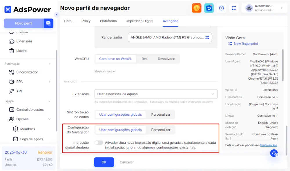 Perfil Único com Cache Autoexcluível e Impressão Digital Aleatória