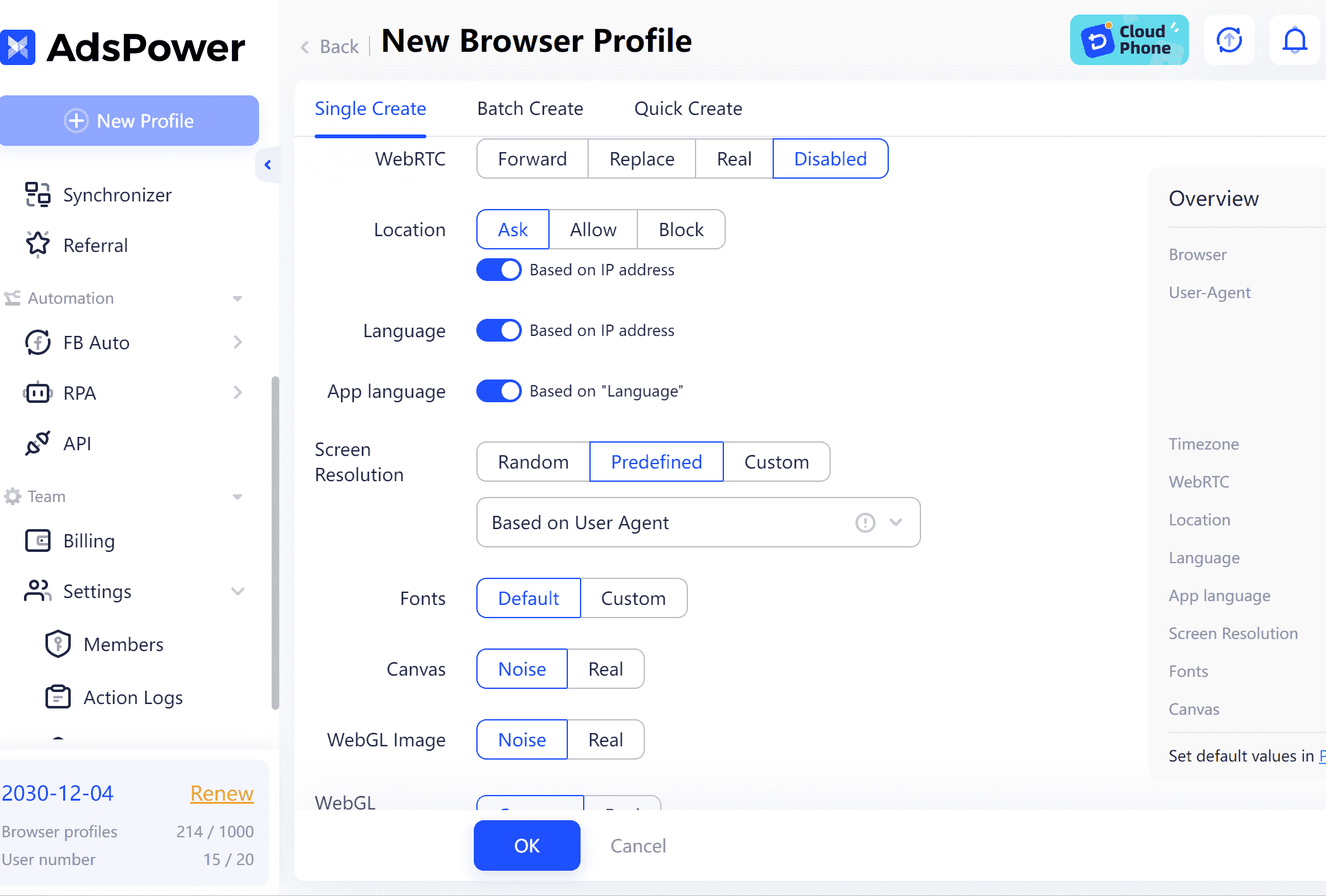 Imagem mostrando impressões digitais personalizadas no AdsPower