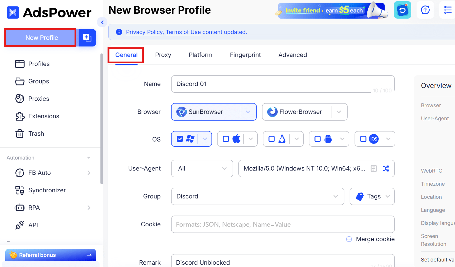 Create New Profile