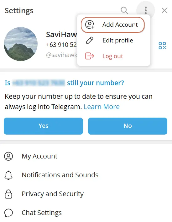 Telegram add account